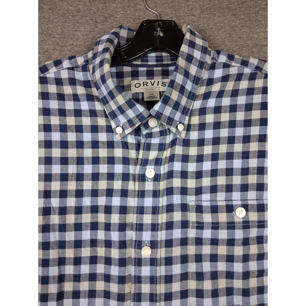 Orvis Mens Shirt L Blue Gingham Check Plaid Button Outdoor Gorp Preppy Casual